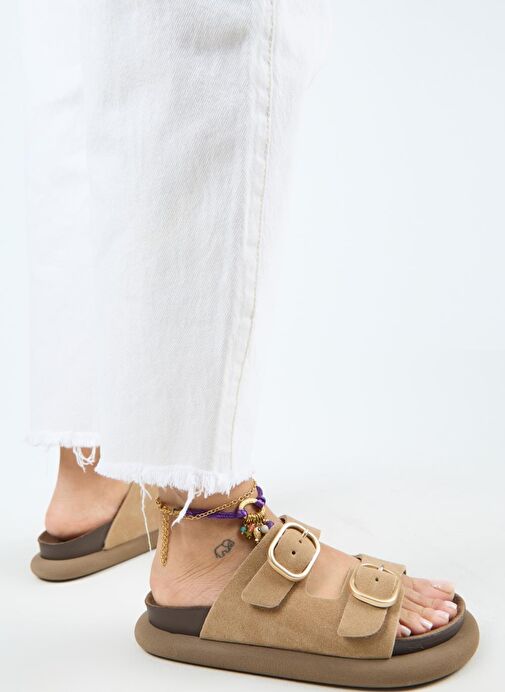 Manijero Lavanda Kadın Hakiki Deri Çift Tokalı Kum Terlik - Görsel 7