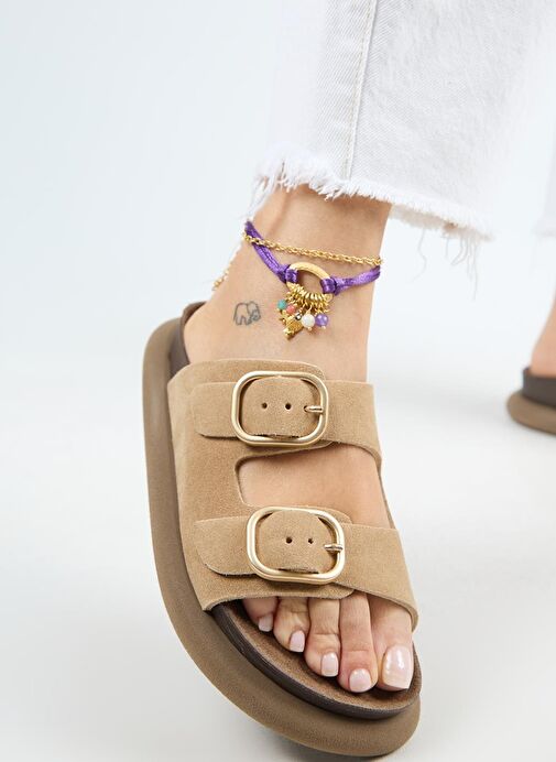 Manijero Lavanda Kadın Hakiki Deri Çift Tokalı Kum Terlik - Görsel 5