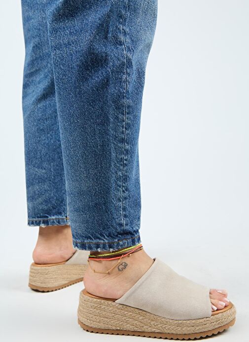 Manijero Francis Kadın Hakiki Deri Düz Tek Bantlı Espadril Bej Terlik - Görsel 4