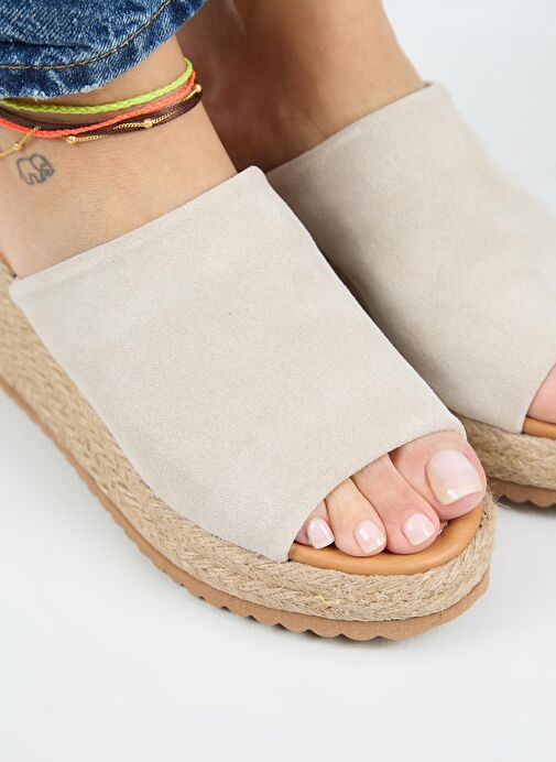 Manijero Francis Kadın Hakiki Deri Düz Tek Bantlı Espadril Bej Terlik - Görsel 7