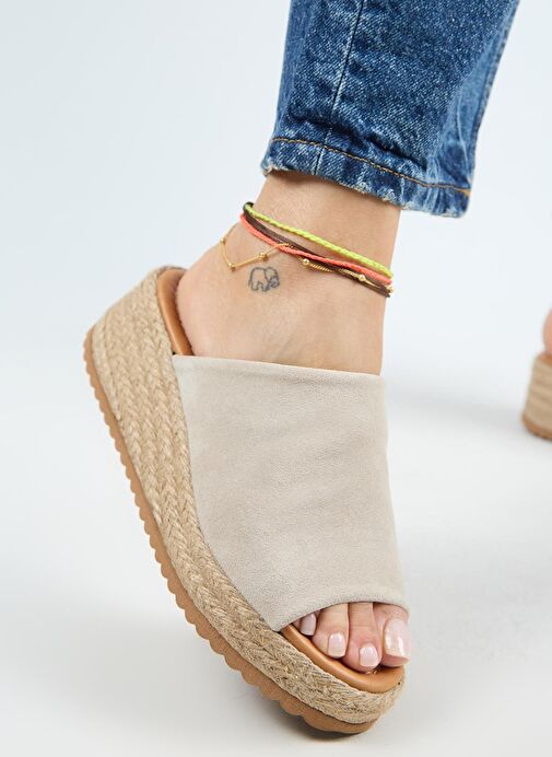 Manijero Francis Kadın Hakiki Deri Düz Tek Bantlı Espadril Bej Terlik - Görsel 6