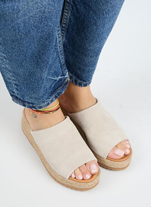 Manijero Francis Kadın Hakiki Deri Düz Tek Bantlı Espadril Bej Terlik - Görsel 8