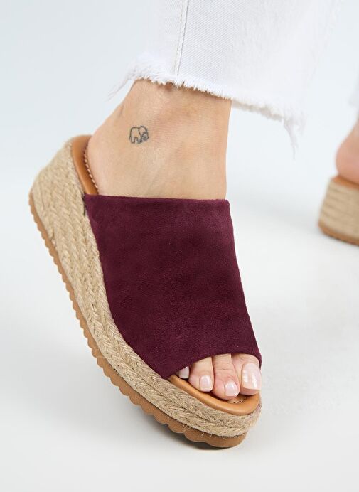 Manijero Francis Kadın Hakiki Deri Düz Tek Bantlı Espadril Bordo Terlik - Görsel 5