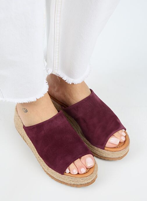 Manijero Francis Kadın Hakiki Deri Düz Tek Bantlı Espadril Bordo Terlik - Görsel 6