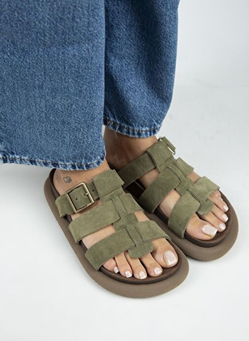 Manijero (Hicks) Kadın Hakiki Deri Tokalı Bantlı Haki Terlik - Görsel 3