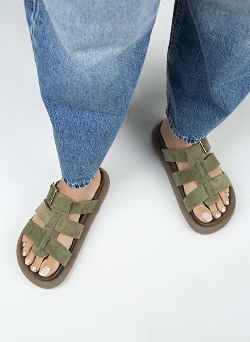 Manijero (Hicks) Kadın Hakiki Deri Tokalı Bantlı Haki Terlik - Görsel 8