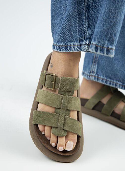 Manijero (Hicks) Kadın Hakiki Deri Tokalı Bantlı Haki Terlik - Görsel 6