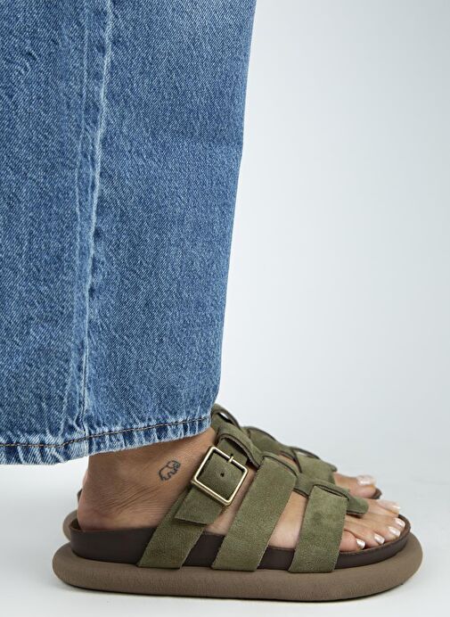 Manijero (Hicks) Kadın Hakiki Deri Tokalı Bantlı Haki Terlik - Görsel 2