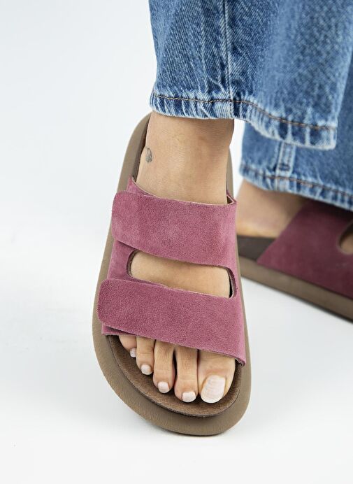 Manijero Lillo Kadın Hakiki Deri Çift Cırtlı Vişne Terlik - Görsel 2