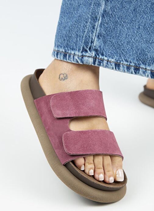 Manijero Lillo Kadın Hakiki Deri Çift Cırtlı Vişne Terlik - Görsel 6