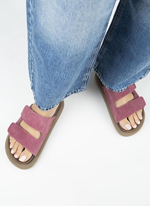 Manijero Lillo Kadın Hakiki Deri Çift Cırtlı Vişne Terlik - Görsel 8