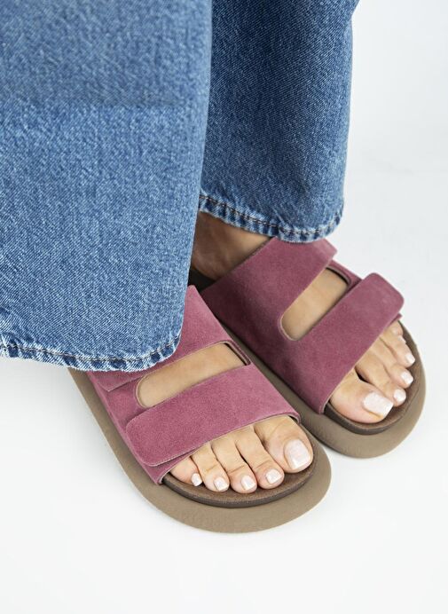 Manijero Lillo Kadın Hakiki Deri Çift Cırtlı Vişne Terlik - Görsel 4