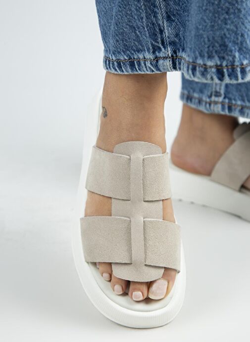 Manijero Paris Kadın Hakiki Deri Çift Bantlı Bej Terlik - Görsel 7