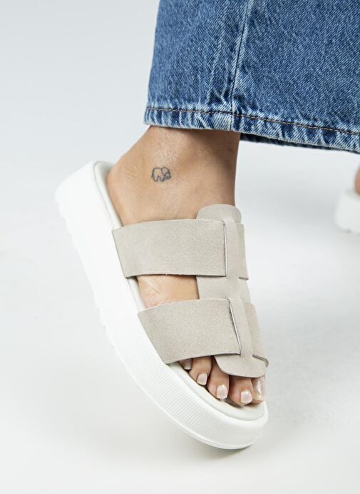 Manijero Paris Kadın Hakiki Deri Çift Bantlı Bej Terlik - Görsel 6