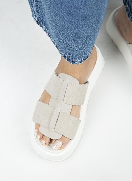 Manijero Paris Kadın Hakiki Deri Çift Bantlı Bej Terlik - Görsel 2