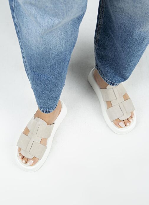 Manijero Paris Kadın Hakiki Deri Çift Bantlı Bej Terlik - Görsel 9