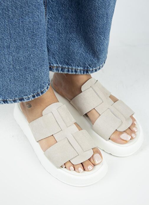 Manijero Paris Kadın Hakiki Deri Çift Bantlı Bej Terlik - Görsel 4