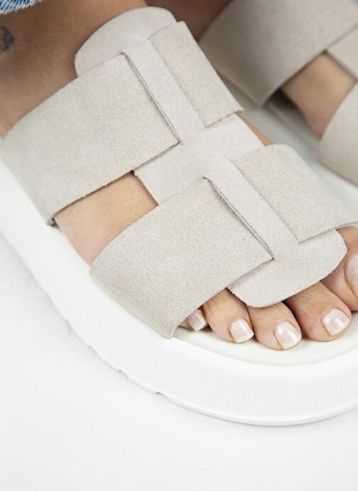 Manijero Paris Kadın Hakiki Deri Çift Bantlı Bej Terlik - Görsel 5