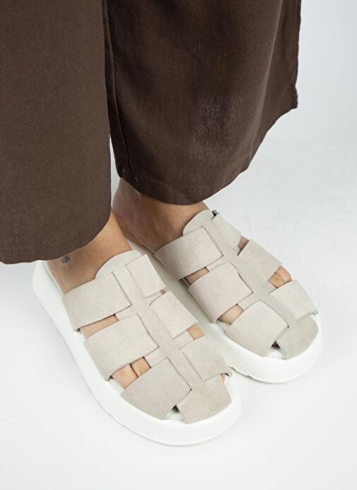 Manijero Rodin Kadın Hakiki Deri Üç Bantlı Sabo Bej Terlik - Görsel 4