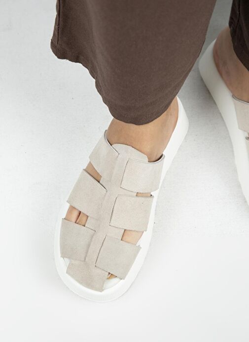 Manijero Rodin Kadın Hakiki Deri Üç Bantlı Sabo Bej Terlik - Görsel 9