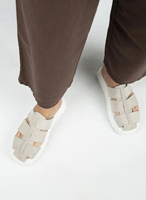 Manijero Rodin Kadın Hakiki Deri Üç Bantlı Sabo Bej Terlik - Görsel 8