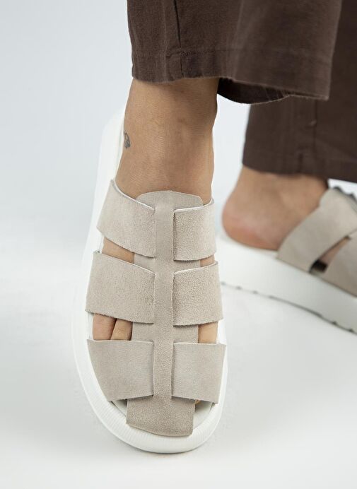 Manijero Rodin Kadın Hakiki Deri Üç Bantlı Sabo Bej Terlik - Görsel 7