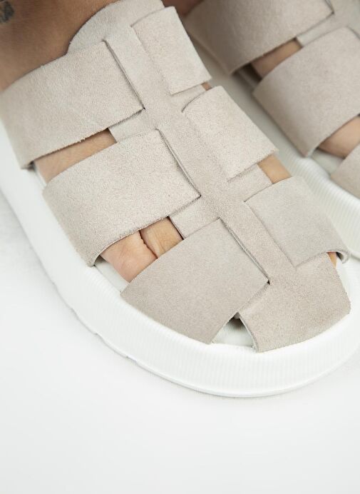 Manijero Rodin Kadın Hakiki Deri Üç Bantlı Sabo Bej Terlik - Görsel 5