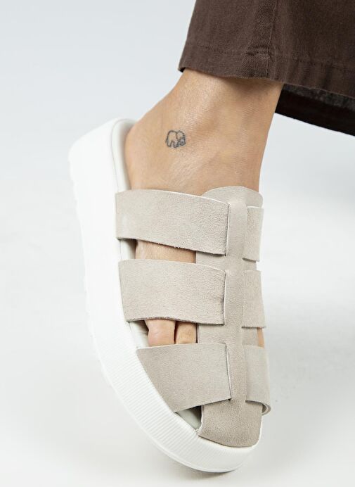 Manijero Rodin Kadın Hakiki Deri Üç Bantlı Sabo Bej Terlik - Görsel 6