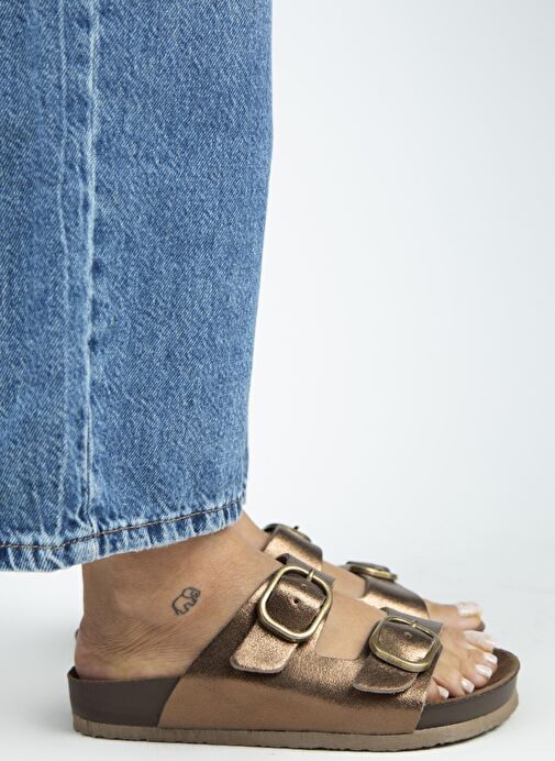 Manijero Jazmin Kadın Hakiki Deri Çift Tokalı Bakır Terlik - Görsel 3