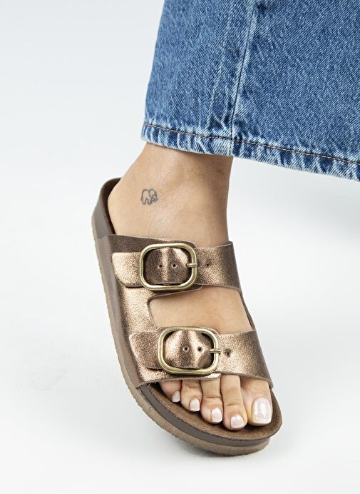 Manijero Jazmin Kadın Hakiki Deri Çift Tokalı Bakır Terlik - Görsel 6