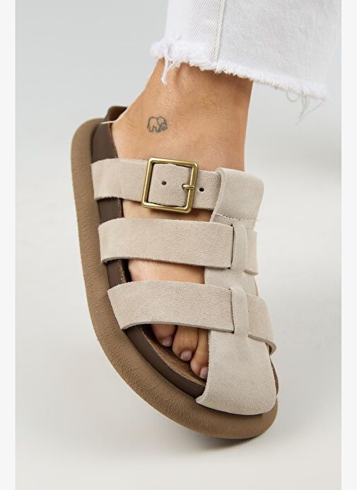 Manijero Brancato Kadın Hakiki Deri Tokalı Bantlı Sabo Bej Terlik - Görsel 6