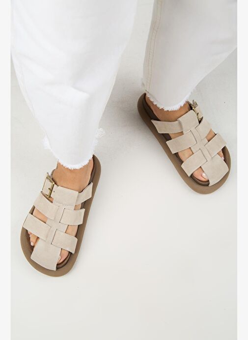 Manijero Brancato Kadın Hakiki Deri Tokalı Bantlı Sabo Bej Terlik - Görsel 9