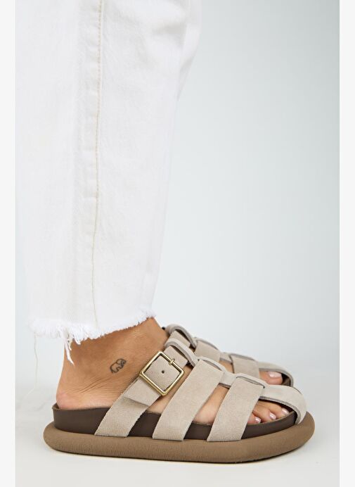 Manijero Brancato Kadın Hakiki Deri Tokalı Bantlı Sabo Bej Terlik - Görsel 3