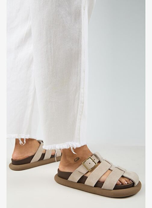 Manijero Brancato Kadın Hakiki Deri Tokalı Bantlı Sabo Bej Terlik - Görsel 8