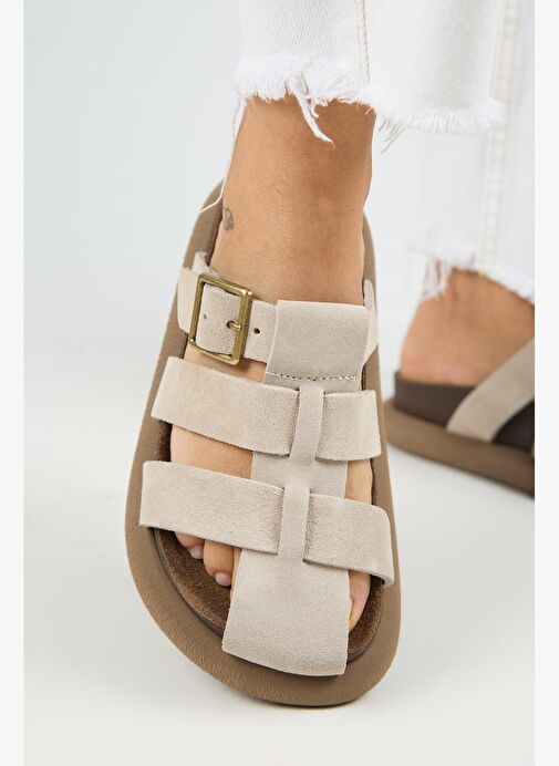 Manijero Brancato Kadın Hakiki Deri Tokalı Bantlı Sabo Bej Terlik - Görsel 7