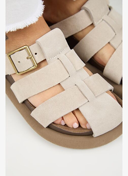 Manijero Brancato Kadın Hakiki Deri Tokalı Bantlı Sabo Bej Terlik - Görsel 5