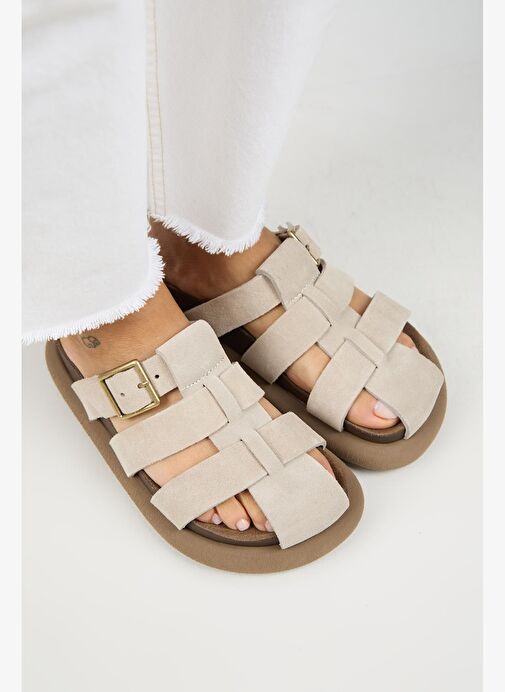 Manijero Brancato Kadın Hakiki Deri Tokalı Bantlı Sabo Bej Terlik - Görsel 4