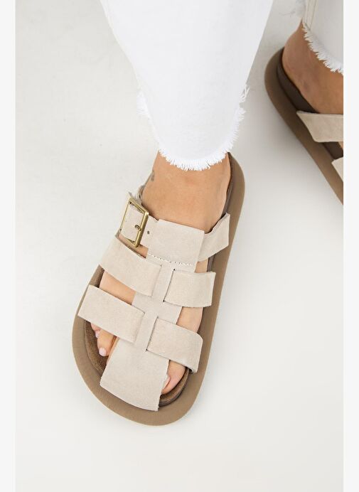 Manijero Brancato Kadın Hakiki Deri Tokalı Bantlı Sabo Bej Terlik - Görsel 2