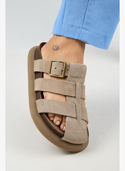 Manijero Brancato Kadın Hakiki Deri Tokalı Bantlı Sabo Vizon Terlik - Görsel 2