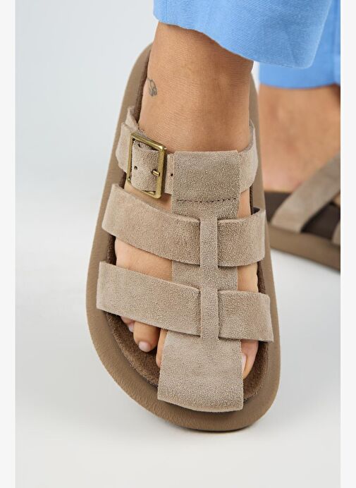 Manijero Brancato Kadın Hakiki Deri Tokalı Bantlı Sabo Vizon Terlik - Görsel 6