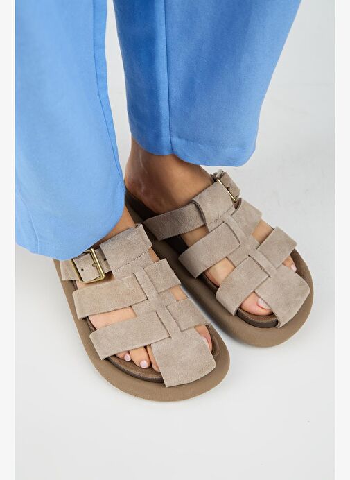 Manijero Brancato Kadın Hakiki Deri Tokalı Bantlı Sabo Vizon Terlik - Görsel 4