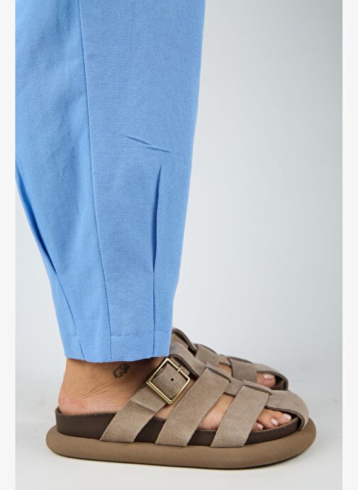 Manijero Brancato Kadın Hakiki Deri Tokalı Bantlı Sabo Vizon Terlik - Görsel 3