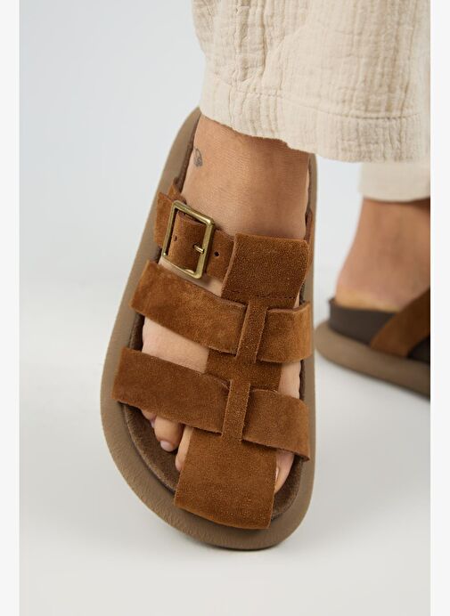 Manijero Brancato Kadın Hakiki Deri Tokalı Bantlı Sabo Taba Terlik - Görsel 7