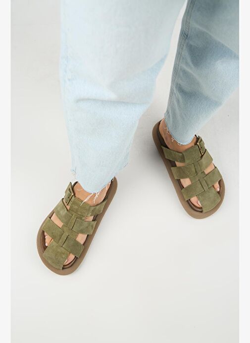 Manijero Brancato Kadın Hakiki Deri Tokalı Bantlı Sabo Haki Terlik - Görsel 9