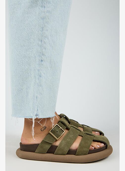 Manijero Brancato Kadın Hakiki Deri Tokalı Bantlı Sabo Haki Terlik - Görsel 3