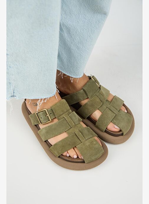 Manijero Brancato Kadın Hakiki Deri Tokalı Bantlı Sabo Haki Terlik - Görsel 4