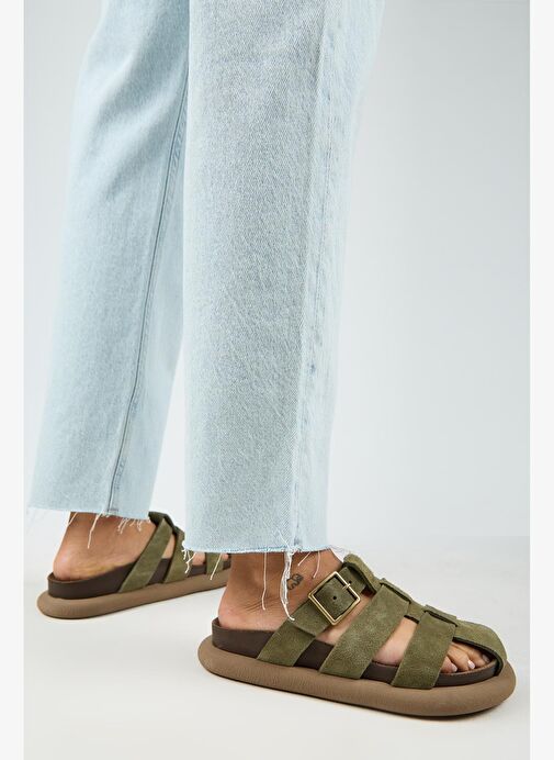 Manijero Brancato Kadın Hakiki Deri Tokalı Bantlı Sabo Haki Terlik - Görsel 8