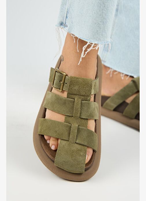 Manijero Brancato Kadın Hakiki Deri Tokalı Bantlı Sabo Haki Terlik - Görsel 7