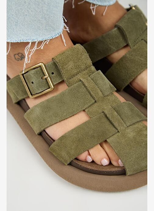 Manijero Brancato Kadın Hakiki Deri Tokalı Bantlı Sabo Haki Terlik - Görsel 5