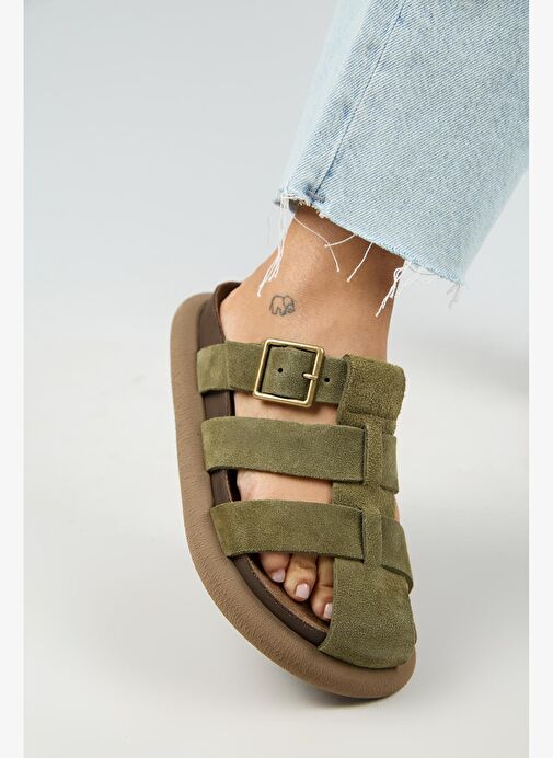 Manijero Brancato Kadın Hakiki Deri Tokalı Bantlı Sabo Haki Terlik - Görsel 6